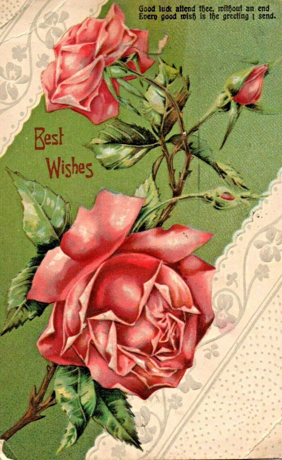 c.1910 Best Wishes Rose Floral Poem \'Good Luck..\' Vintage Postcard