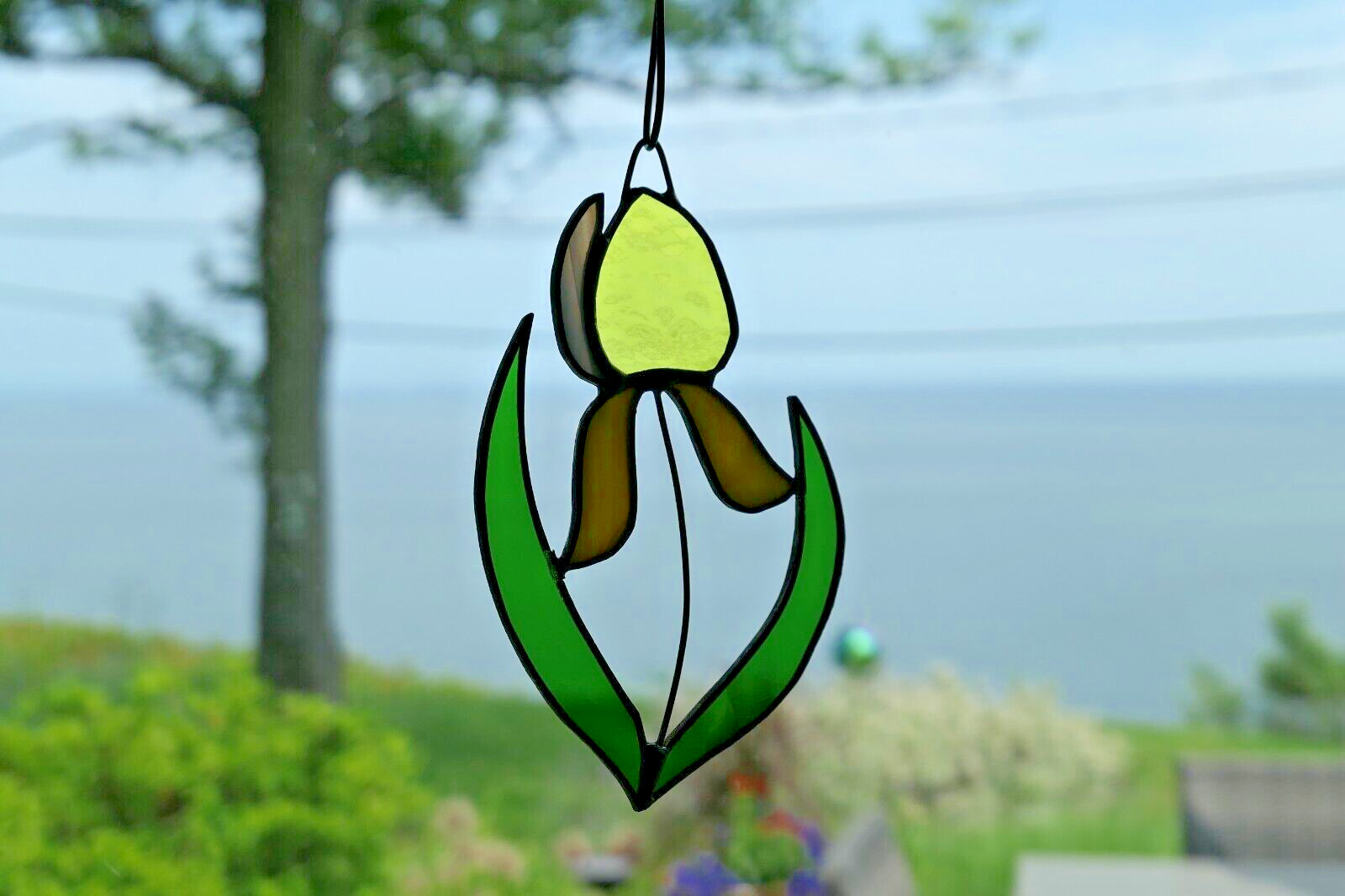 Stained Glass Suncatcher Iris Bud Flower Leaded Handcrafted Vintage