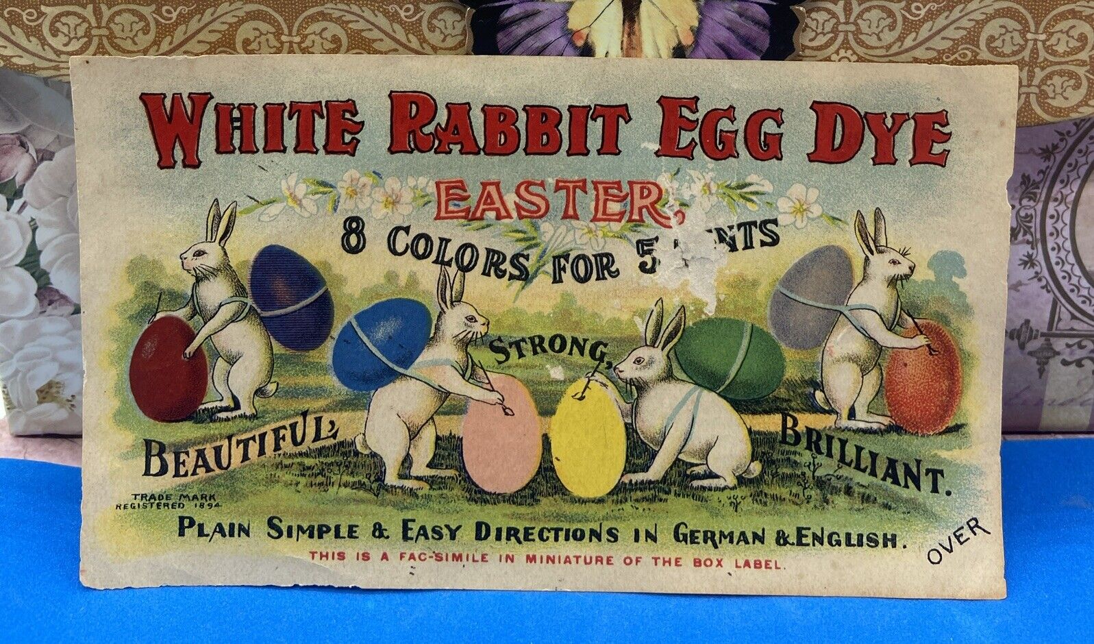WHITE RABBIT EGG DYE ANTIQUE 1890\'S ADVERTISING PAPER TRADE CARD
