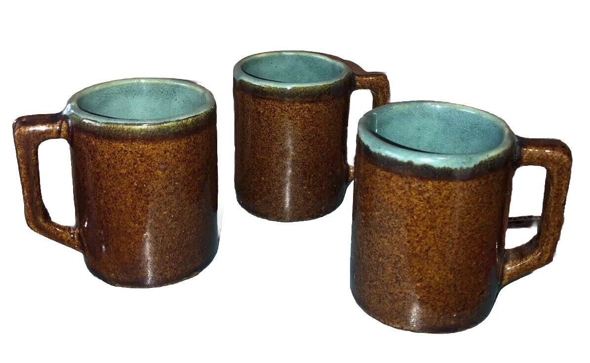 VINTAGE 3 Small Coffee Great For Espresso Mugs Brown And Green Artisan Pottery ￼