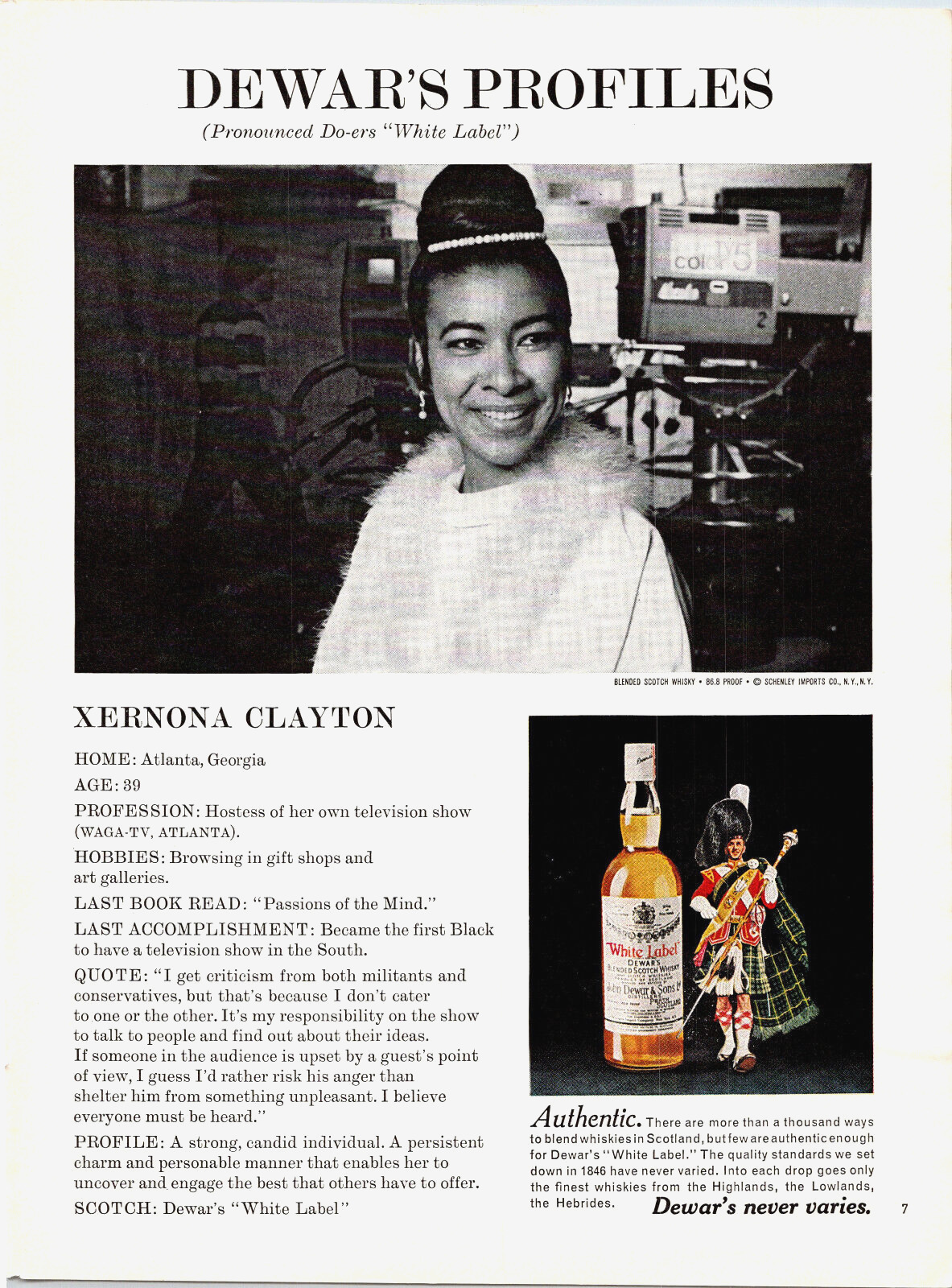 Vintage 1972 Dewar\'s White Label Profiles Xernona Clayton Print Advertisement
