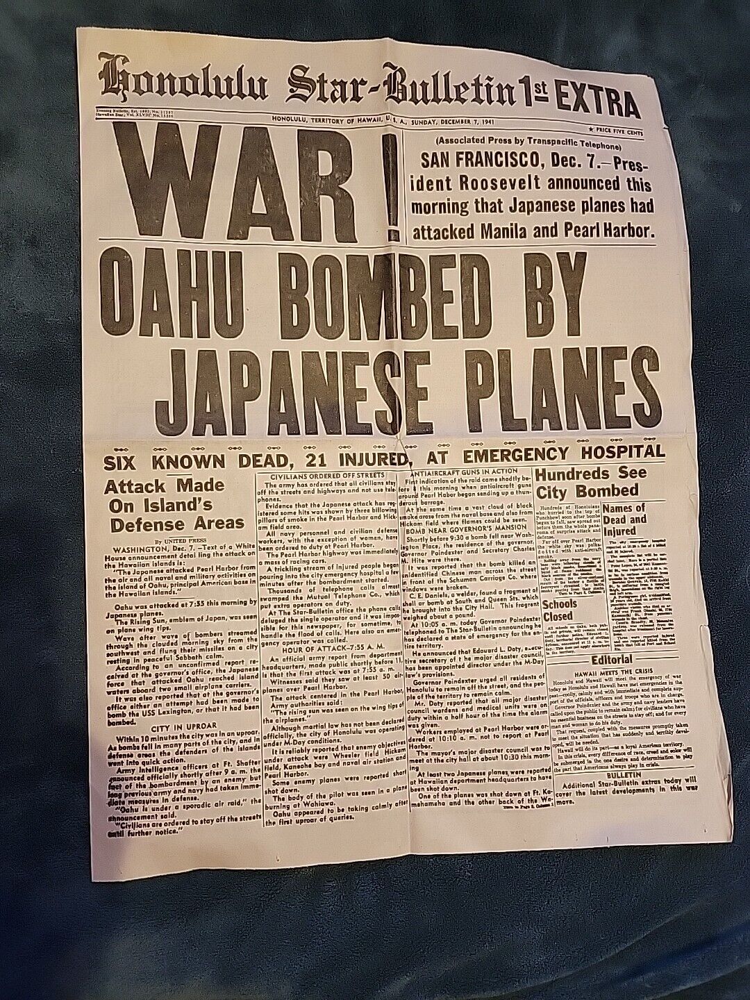 Honolulu Star-Bulletin Reprint 1st, 2nd & 3rd Extras Dec. 7, 1941 Pearl Harbor 