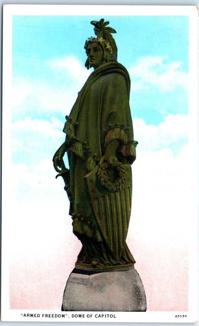 Postcard Armed Freedom Dome of Capitol Bronze Statue Armed Liberty Crawford USA