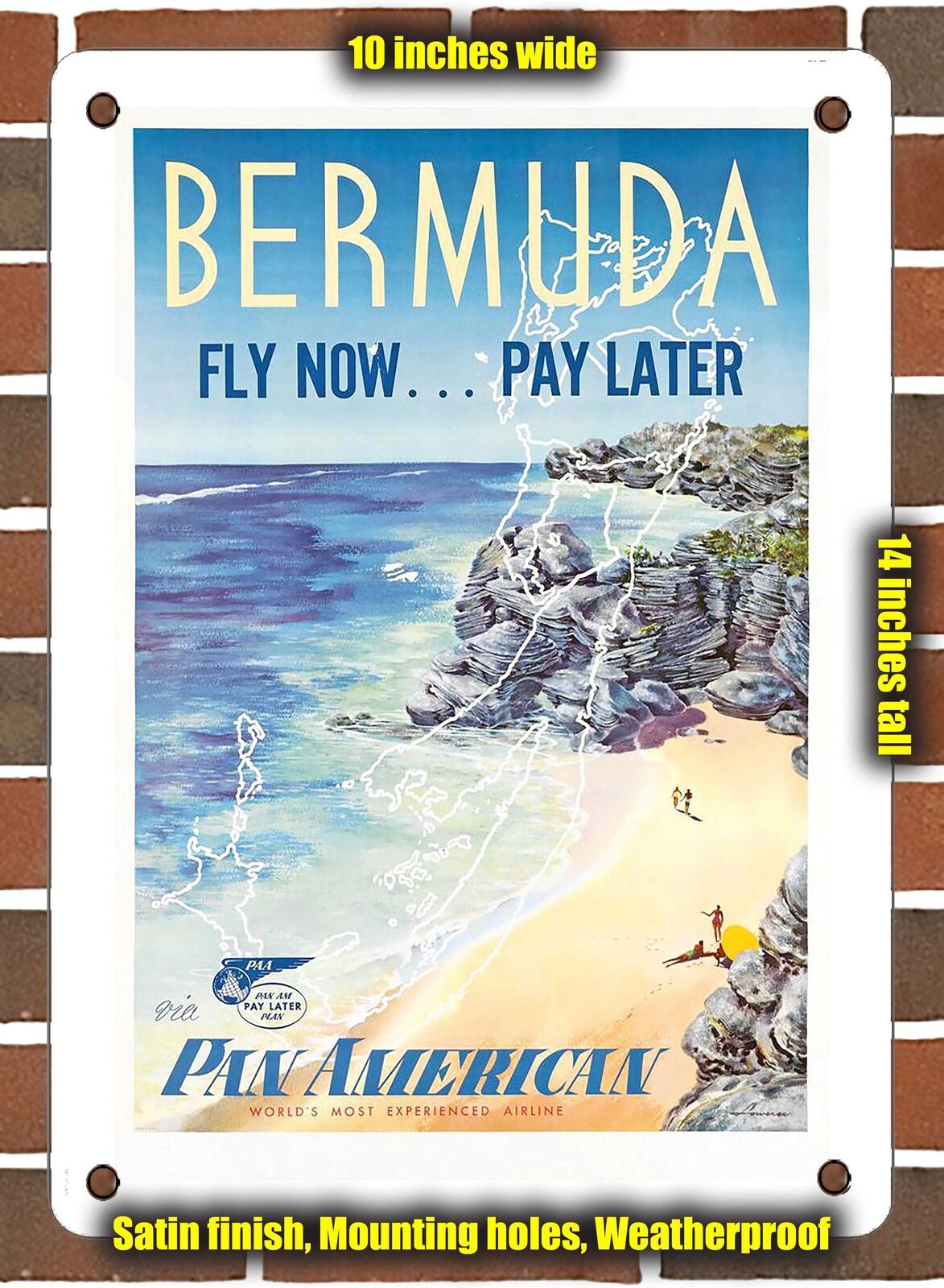 METAL SIGN - 1953 Bermuda Fly Now. Pay Later Via - 10x14 Inches