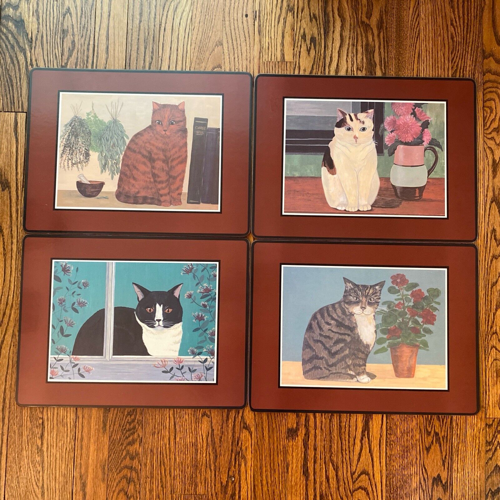 Vintage Cat TV Trays - 4 Set of Dinner Trays Wooden Wood - 15.5x11.5x.25 Inches