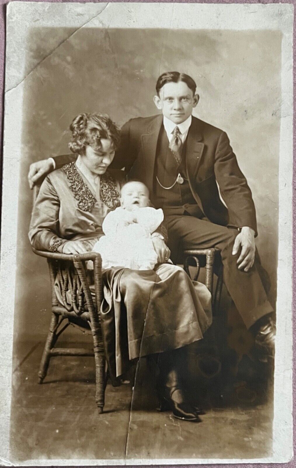 Baby Robert Schnaufer with Parents Vintage RPPC Real Photo Postcard c1920