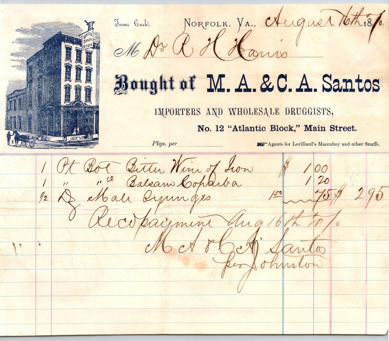 Norfolk VA M.A. & C.A. Santos Drug Store Druggists 1870 Billhead Scarce Vignette