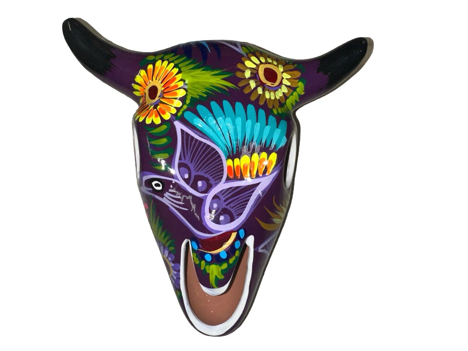 Talavera Steer Bull Cow Sugar Skull Horns Clay Ceramic Mexican Folk Art 8.5\