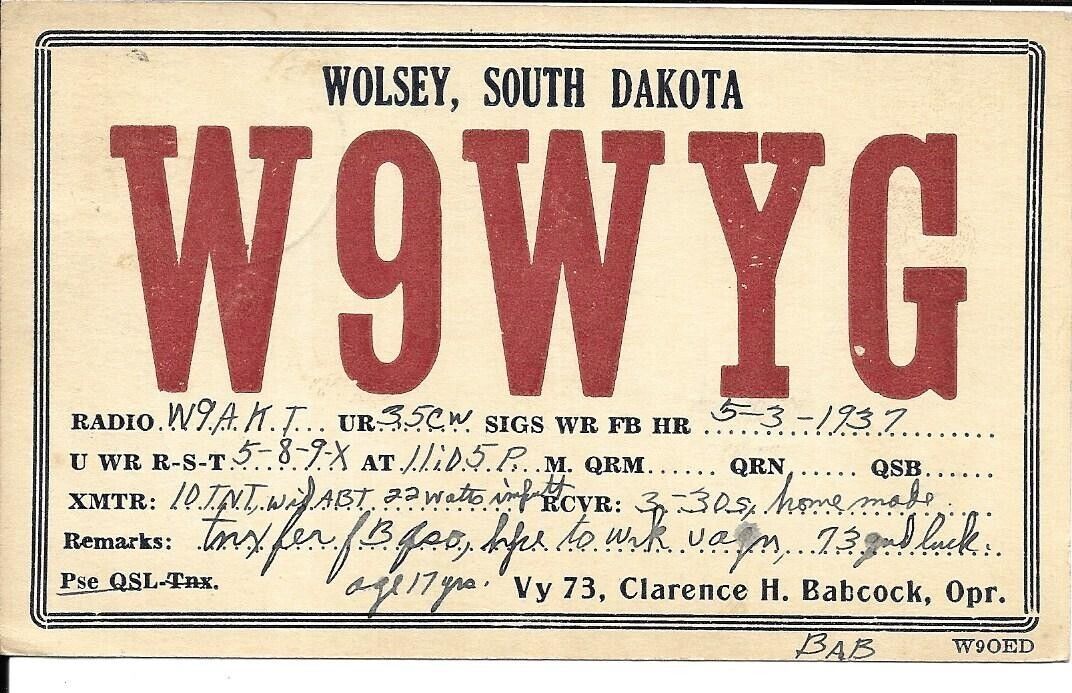 QSL 1937 Wolsey   South Dakota     radio card