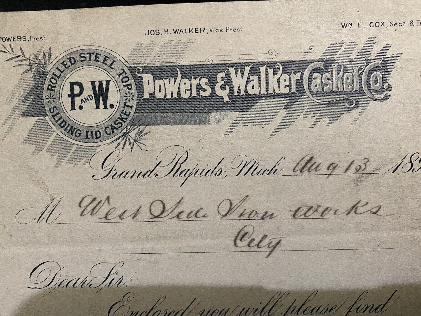 vtg 1897 Powers & Walker casket co grand rapids michigan letterhead 