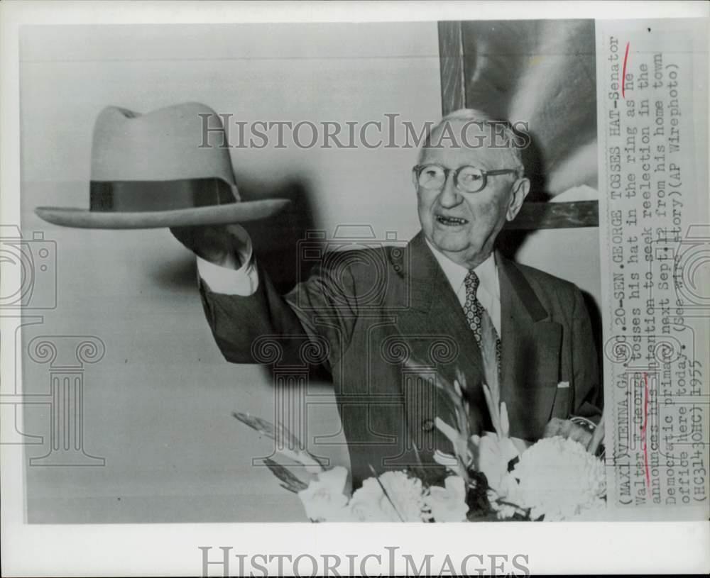 1955 Press Photo Senator Walter George tosses hat from his Vienna, GA home.
