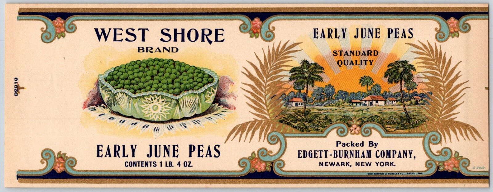 West Shore Early June Peas Paper Can Label Edgett-Burnham Newark, NY c1920\'s