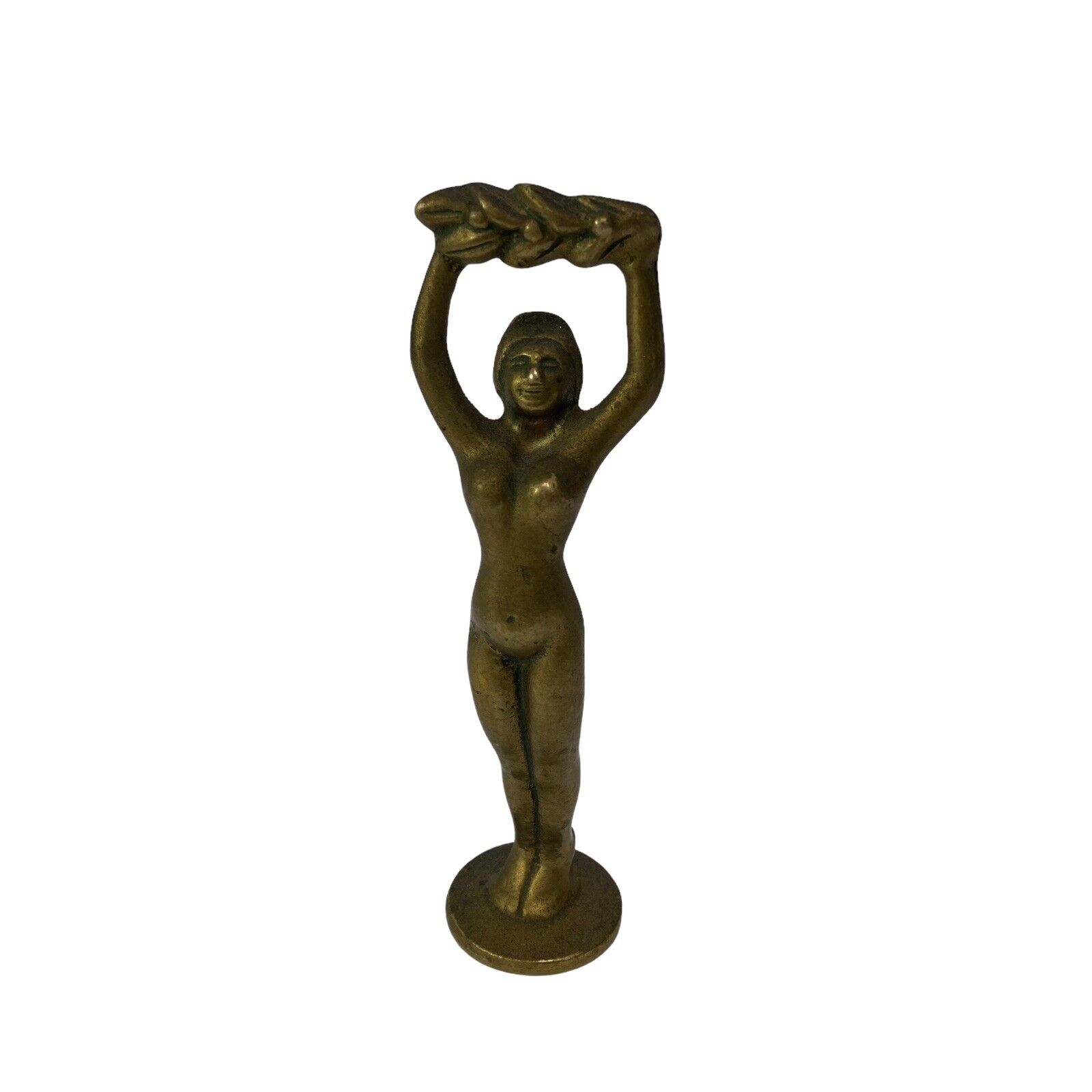 Vintage Art Deco Cast Brass Nude Woman Figure Topper Metal Art Statue 6 in Decor