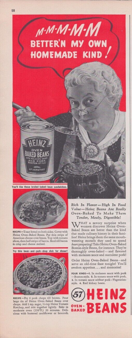 1940 Print Ad Heinz Oven Baked Beans MMM Better\'n My Own Homemade Kind Granny