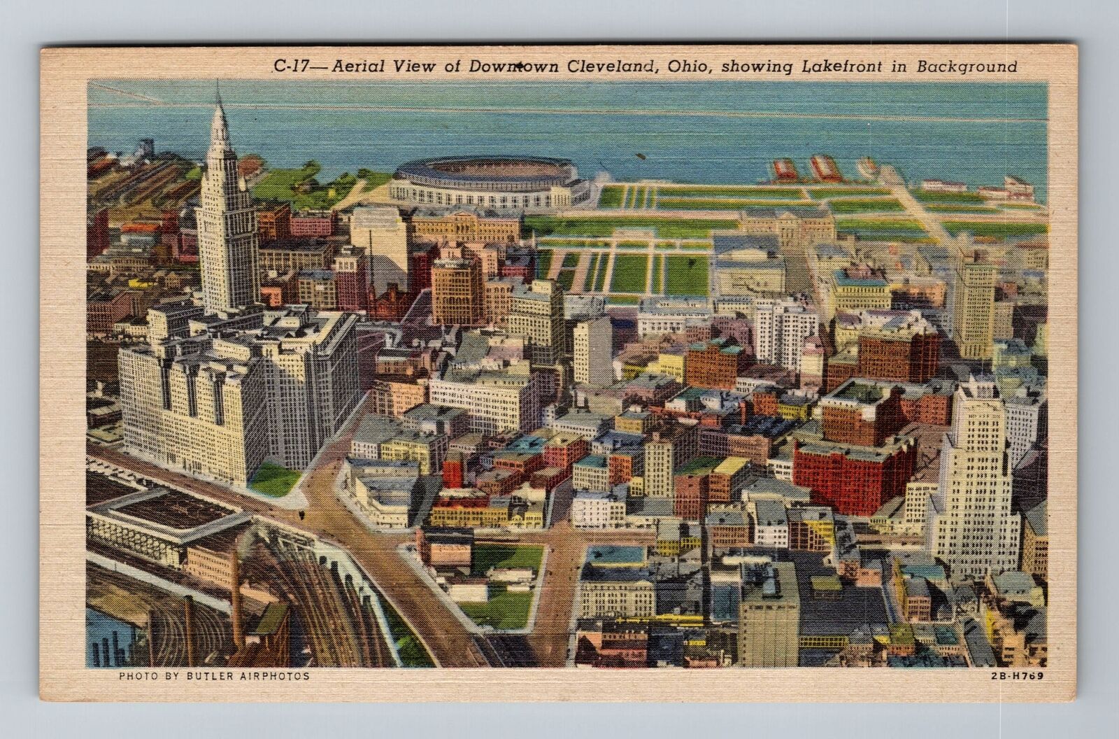 Cleveland OH-Ohio, Aerial View Downtown, Lakefront, Antique Vintage Postcard