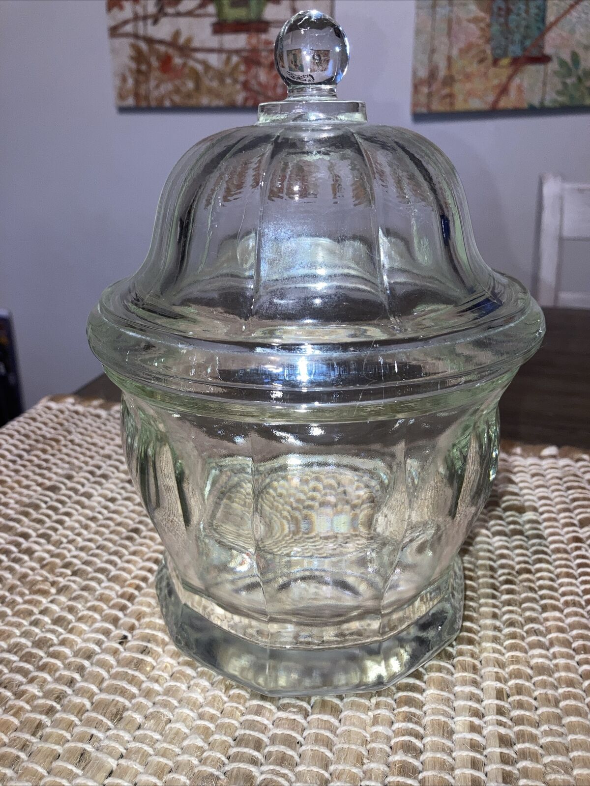 Vintage Indiana Glass Clear Heavy Paneled Candy/Apothecary Jar w/ Lid