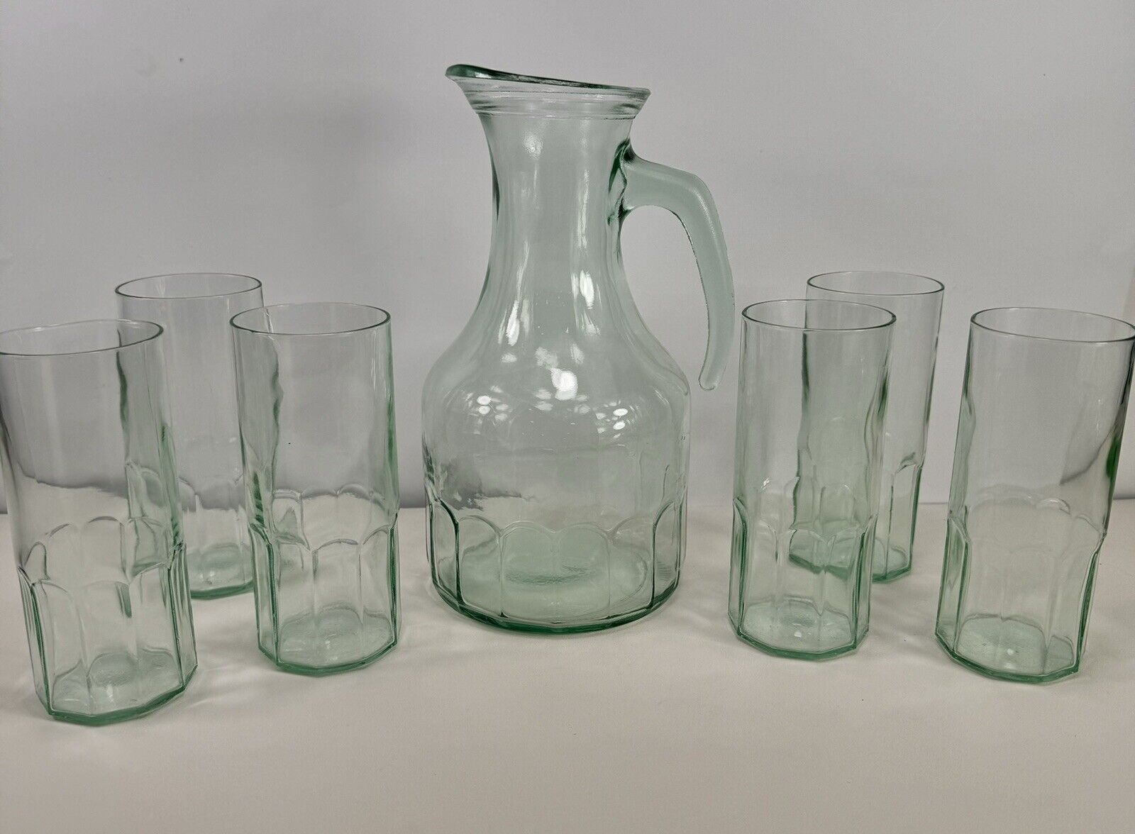 Vintage Italian Green Glass Pitcher & 6 Glasses Vetreria Etrusca Italy Glass