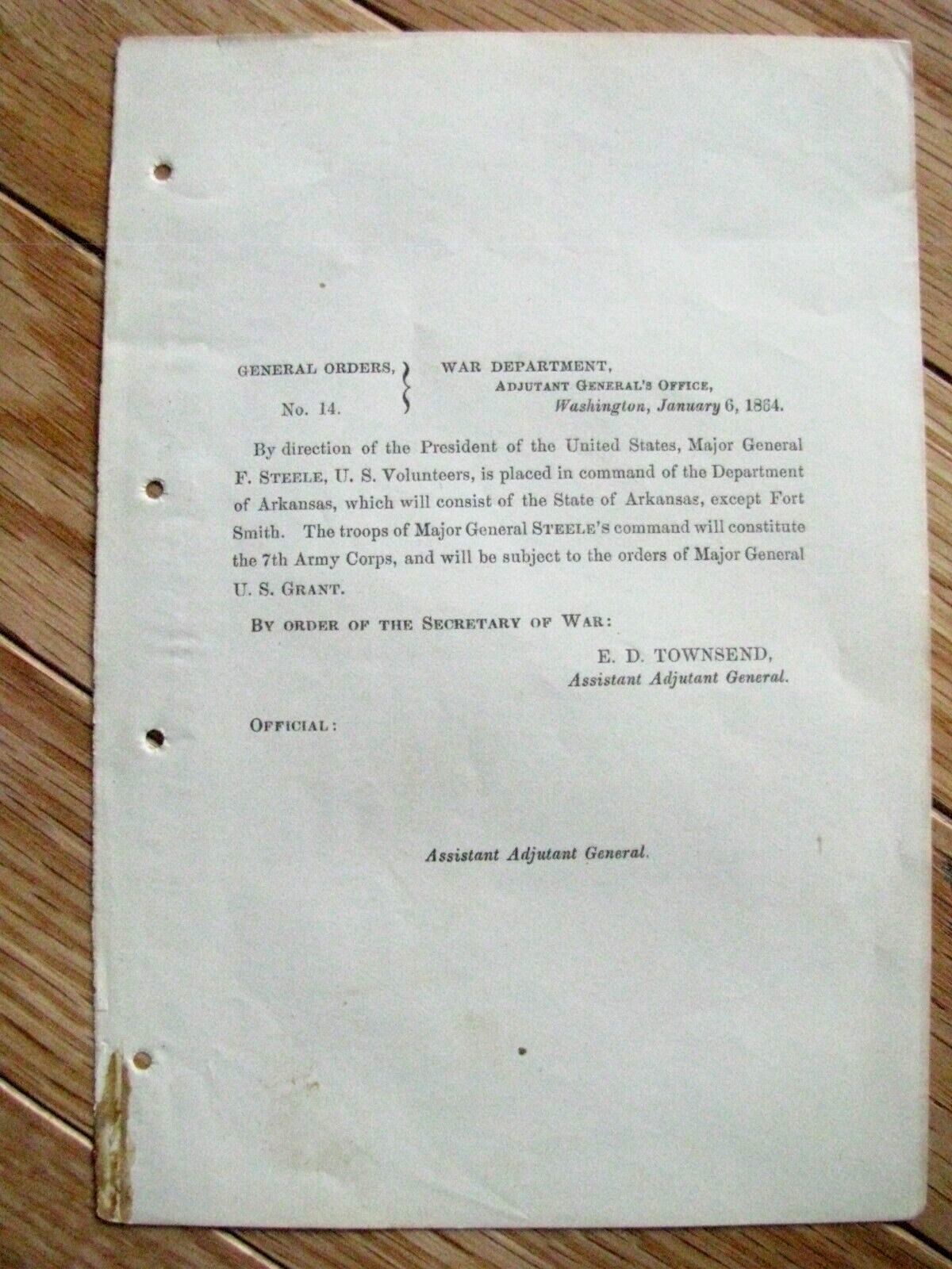 ARKANSAS CIVIL WAR GENERAL FRED STEELE CAMDEN EXPEDITION COMMAND ORDER