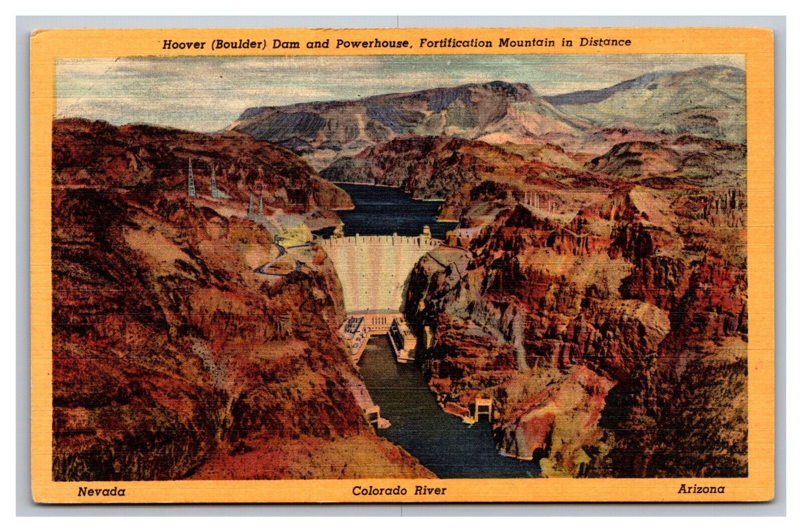 Boulder City NV Hoover Dam Powerhouse Fortification Mountain Linen Postcard
