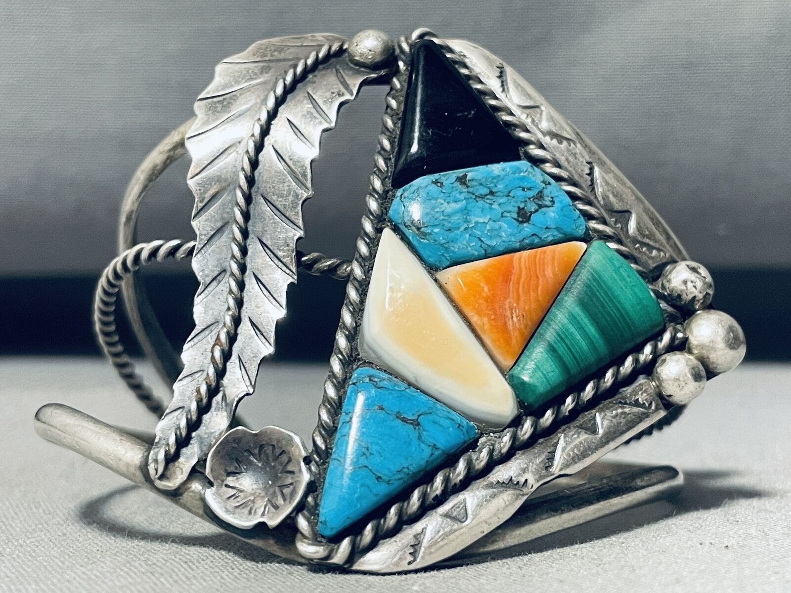 JAW DROPPING FAB VINTAGE NAVAJO TURQUOISE INLAY STERLING SILVER LEAF BRACELET