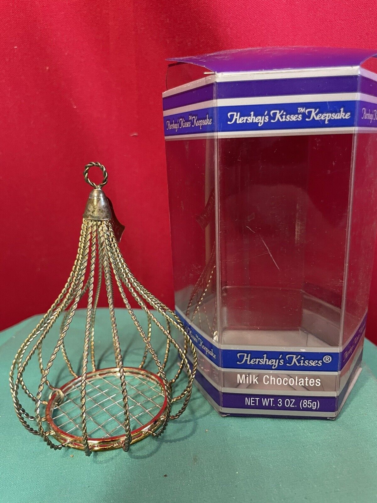 Vtg Hershey\'s Kiss Wire Ornament Candy Cage Basket Keepsake Christmas Gold 4\
