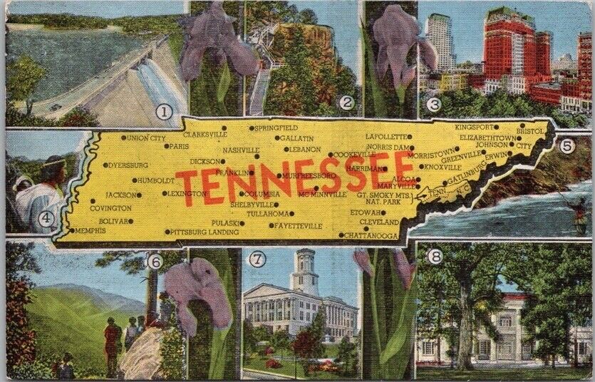 TENNESSEE State Map Multi-View Postcard Norris Dam, State Capitol / KROPP Linen