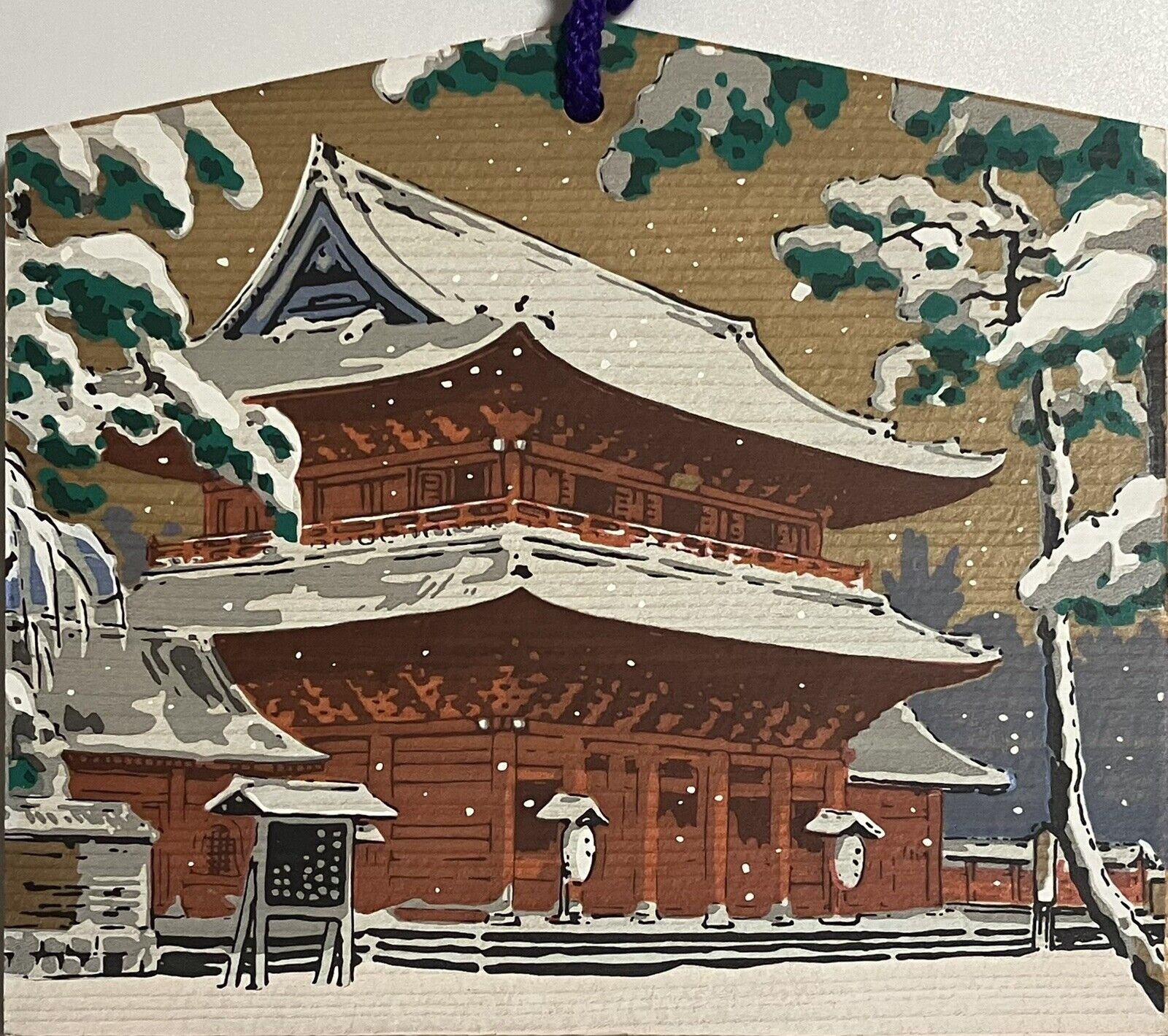 japanese ema Wishing Wood Hand- Drawn Yasaka Temple Kyoto 6”x7”x0.4”