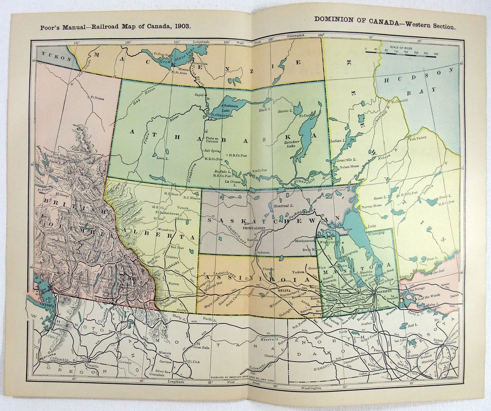 Western Canada - Original 1903 Railroad Map. Antique