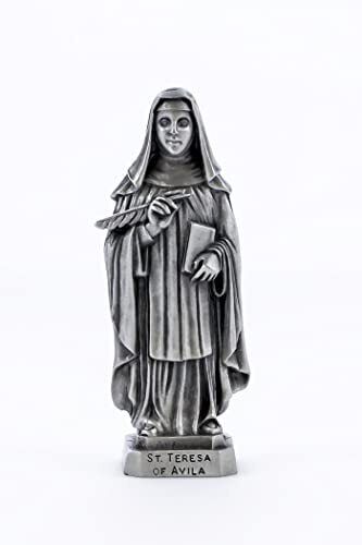 Pewter Catholic Saint St Teresa of Avila Statue with Laminated Prayer Card, 3 1/