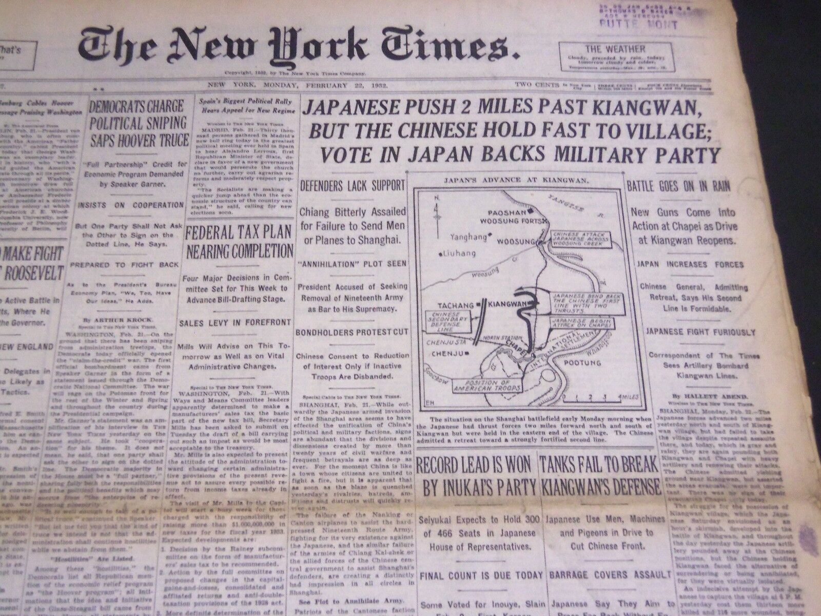 1932 FEBRUARY 22 NEW YORK TIMES - JAPANESE PUSH 2 MILES PAST KIANGWAN - NT 4783