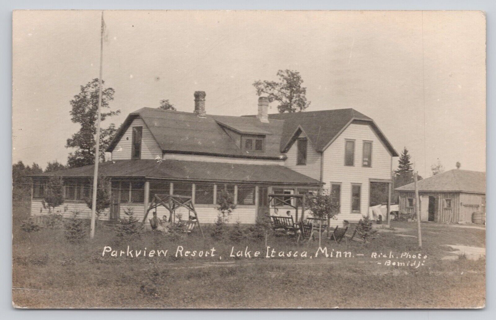Parkview Resort Lake Itasca MN Minnesota People Swinging RPPC Postcard
