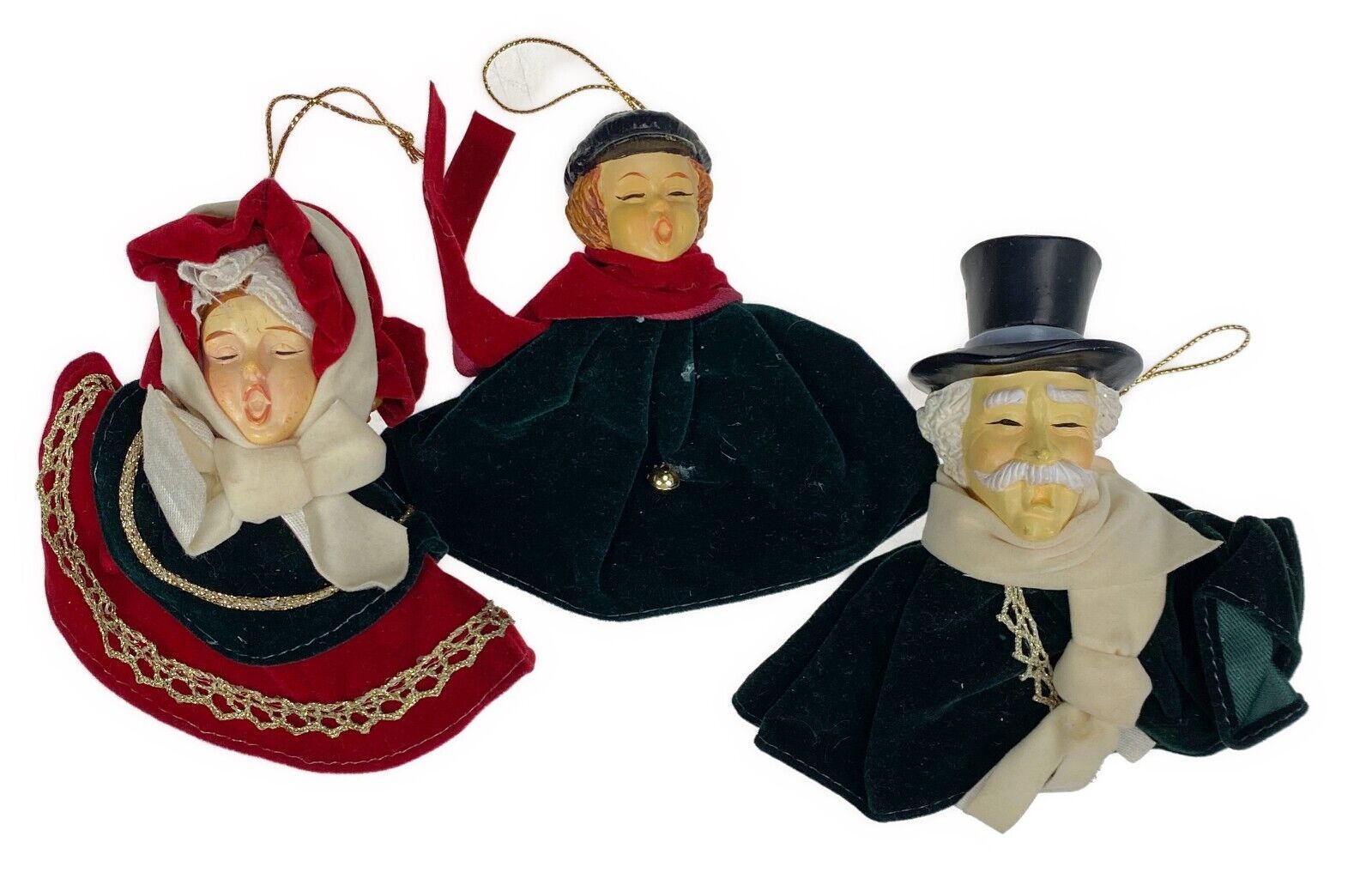 3 Dickens Victorian Carolers Christmas Ornaments Velvet Bust Sing Vtg 1988