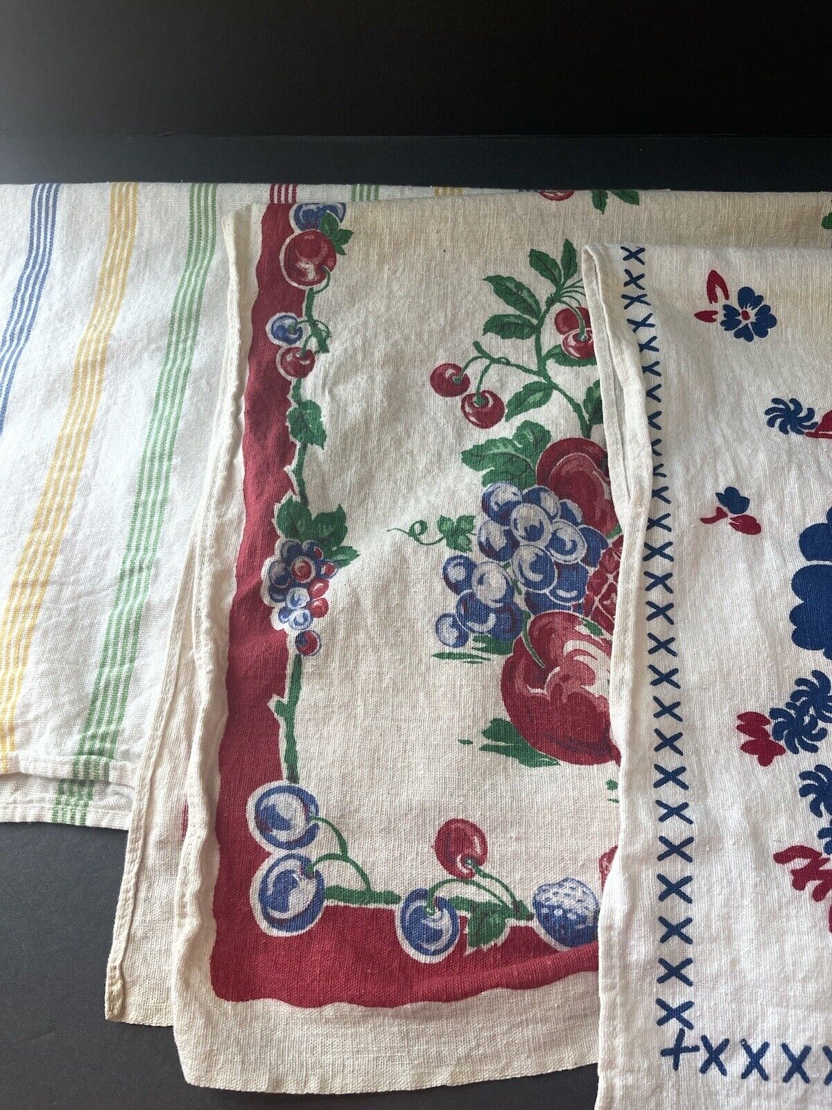 Vintage Tea Towel/Table Runner Set Of 3 Striped Floral Fruit