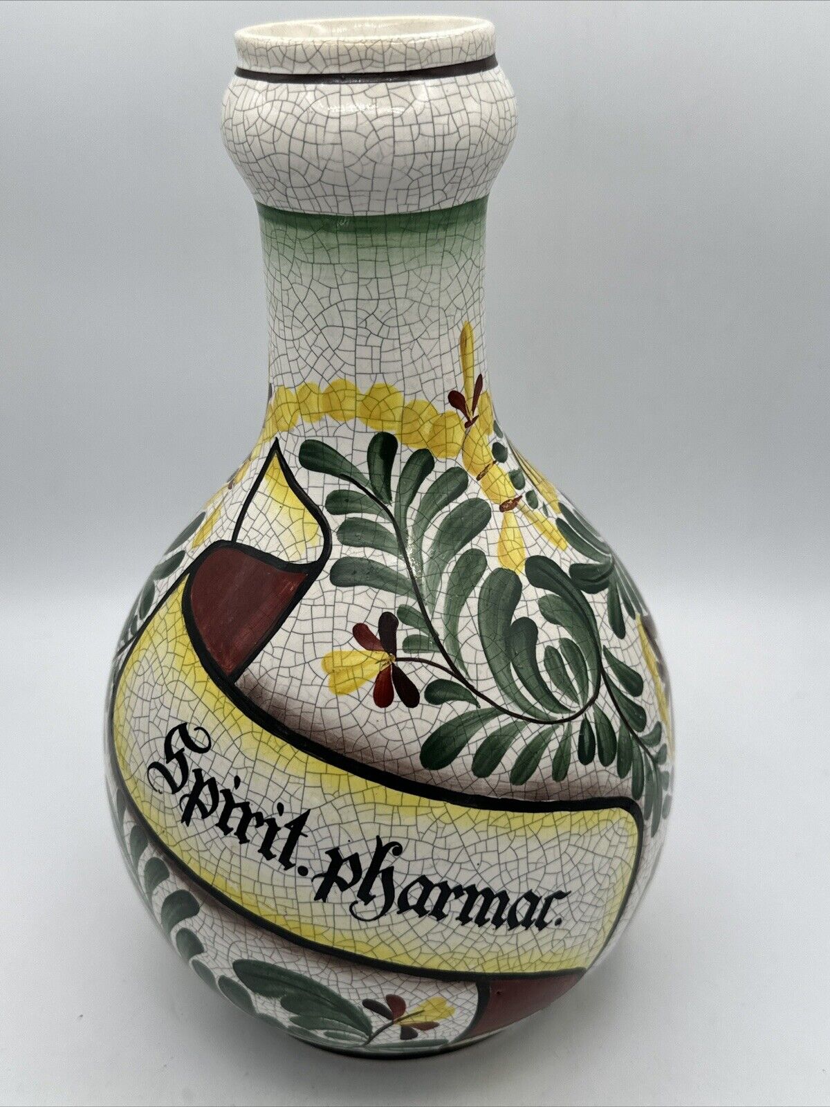 Antique German Vase Jewish Yiddish Religious Apothecary Floral Crazing Jar