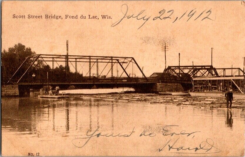 Vintage Postcard Scott Street Bridge Fond du Lac WI Wisconsin 1912         F-367