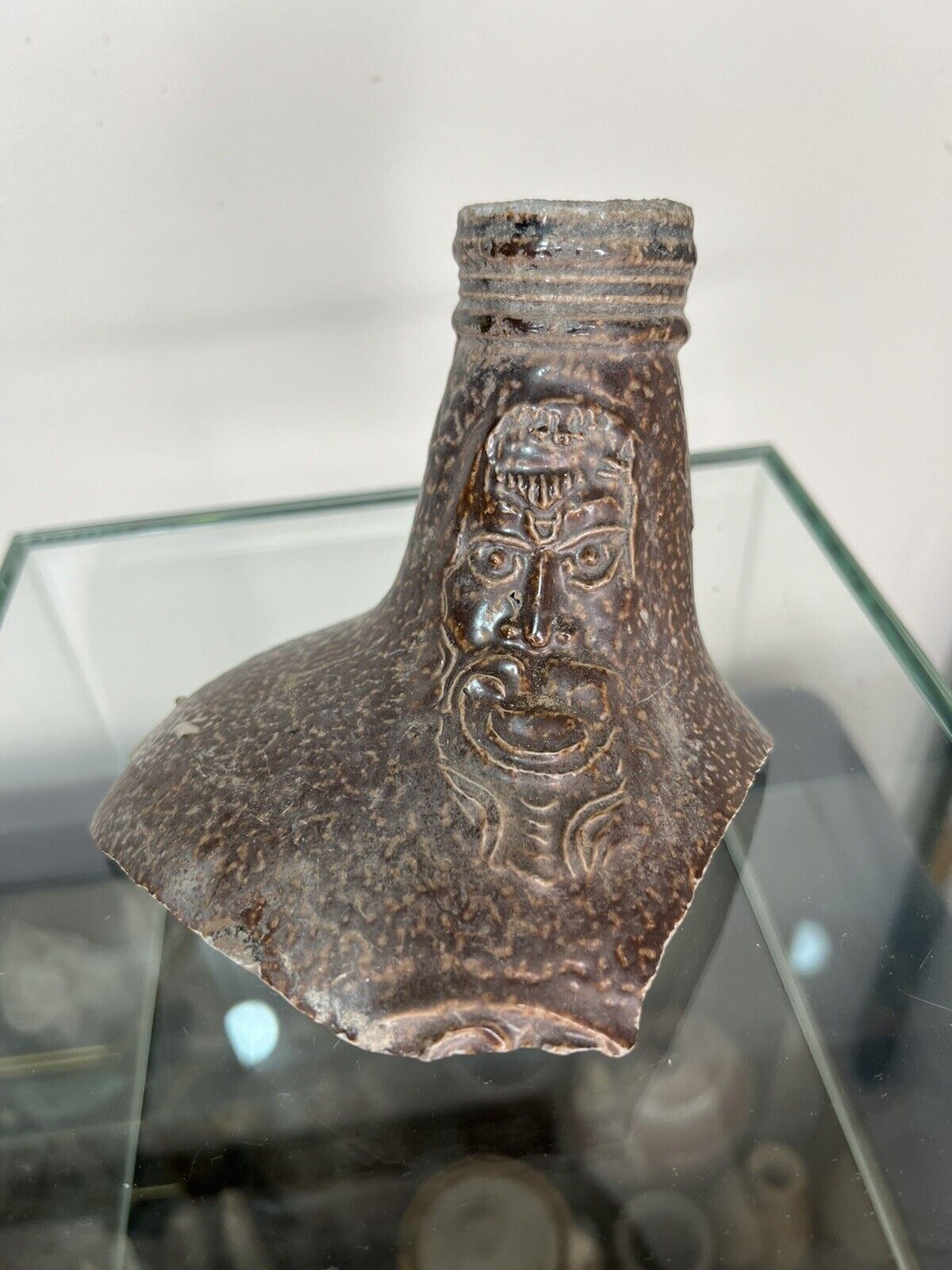 17th Century Bellarmine Face Fragment, Tongue Sticking Out, German Stoneware