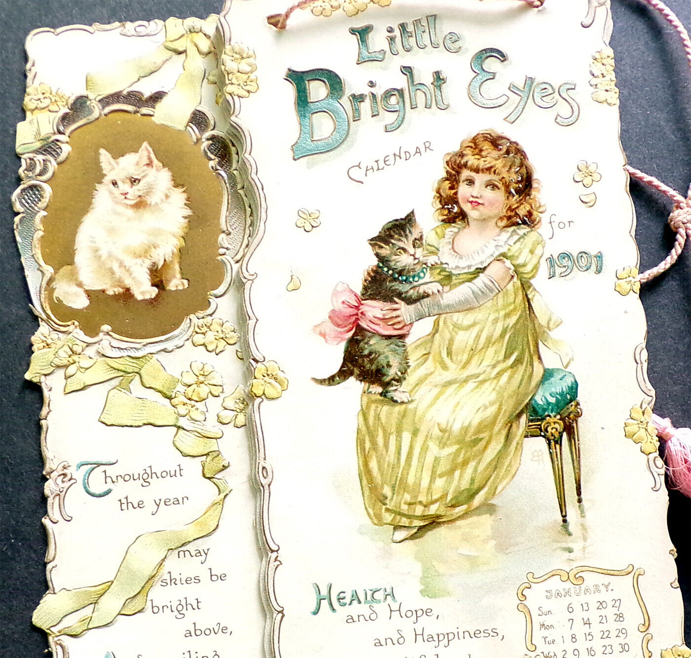 Stunning Antique 1901 Die Cut Victorian Calendar CHILD WITH CATS, DOGS Tuck