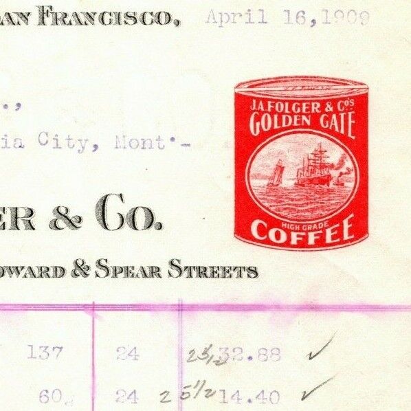 Scarce 1909 San Francisco Invoice Letterhead J. A. Folger Coffee 
