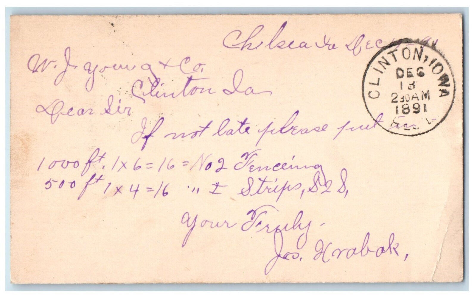 1891 Jas Hrabak WJ Young & Co. Chelsea Iowa IA Clinton IA Postal Card
