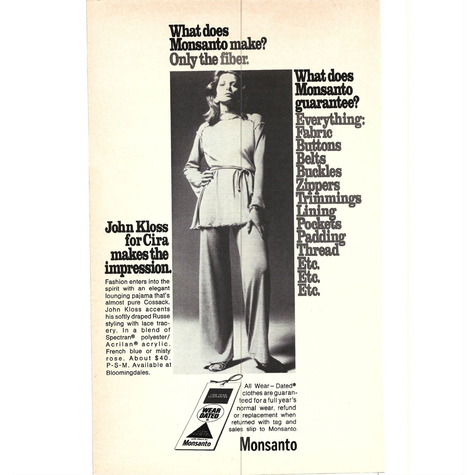 Monsanto Fiber John Claus Pajama Fashion Bloomingdale 1970s Vintage Print Ad 9in