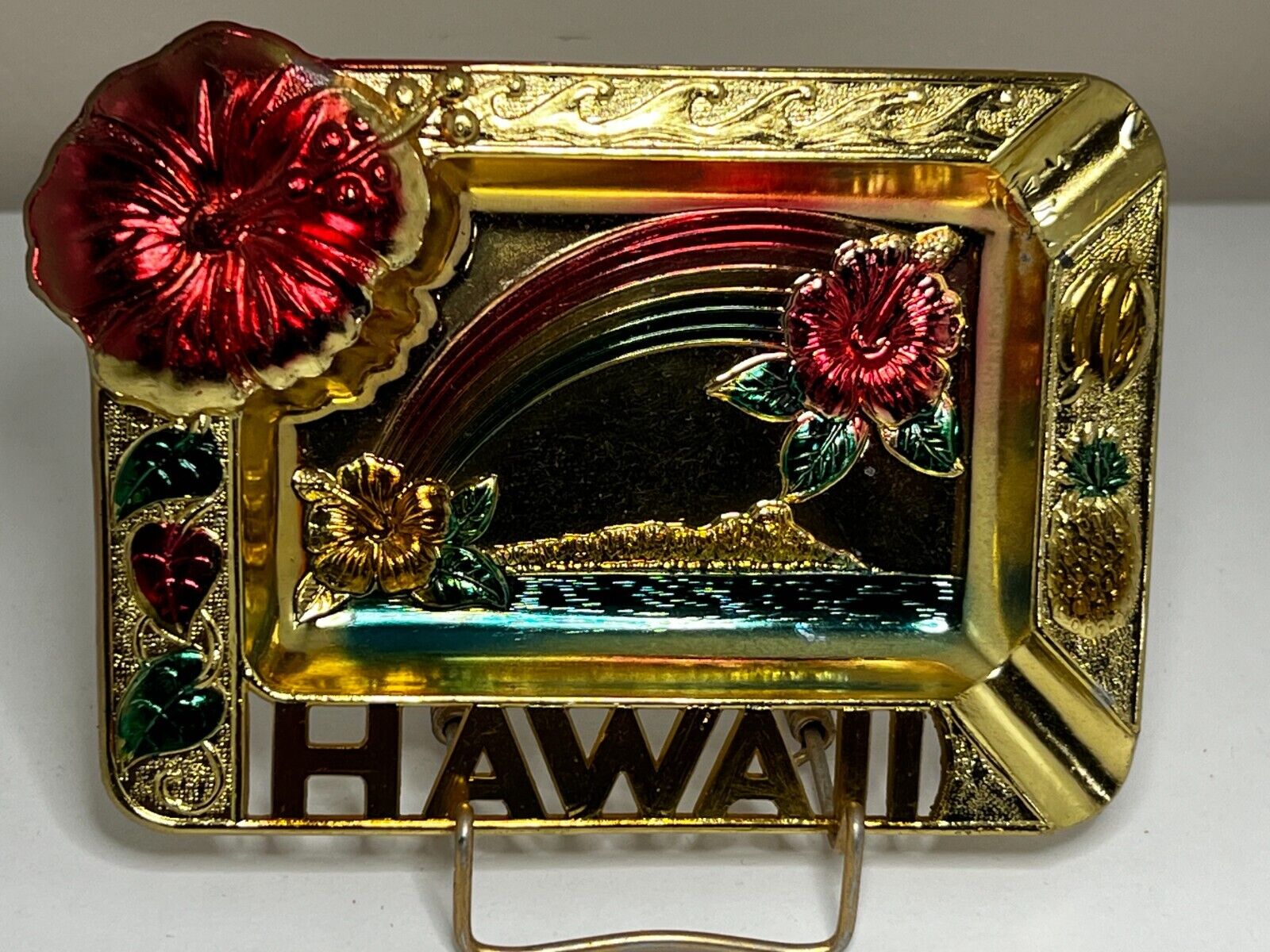 VINTAGE HAWAII Souvenir Metal Ashtray Trinket Tray Rainbow Floral Pineapple
