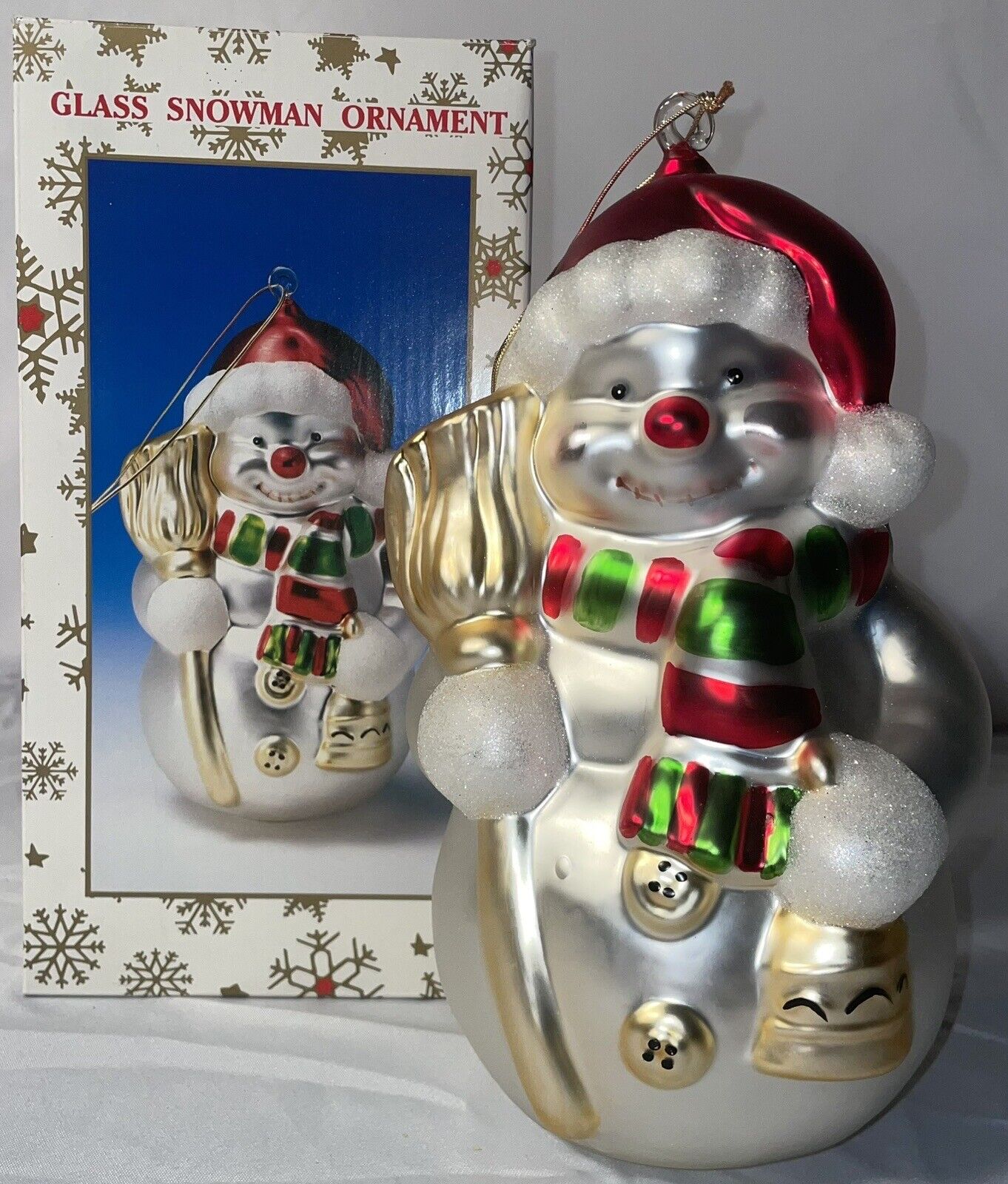 Vintage Handblown Glass Snowman Hanging Ornament Large 10” Cape Craftsman 1998