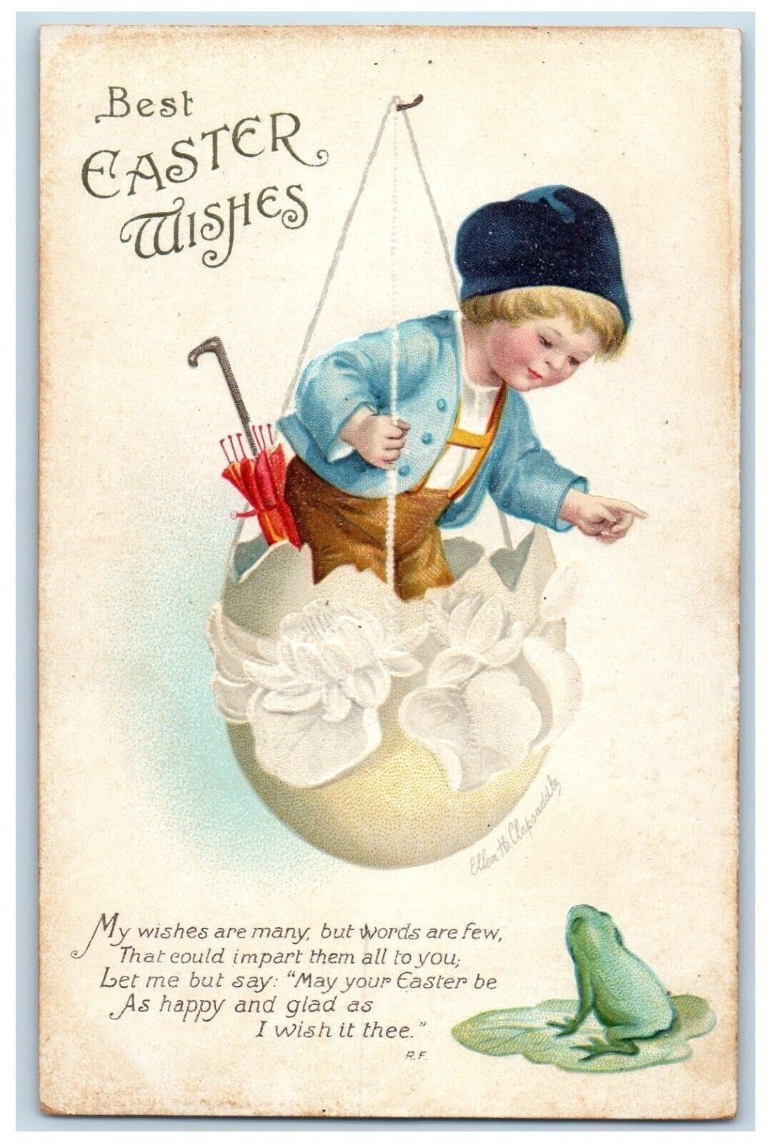 c1910's Easter Wishes Boy In Hanging Egg Umbrella Clapsaddle Embossed Postcard