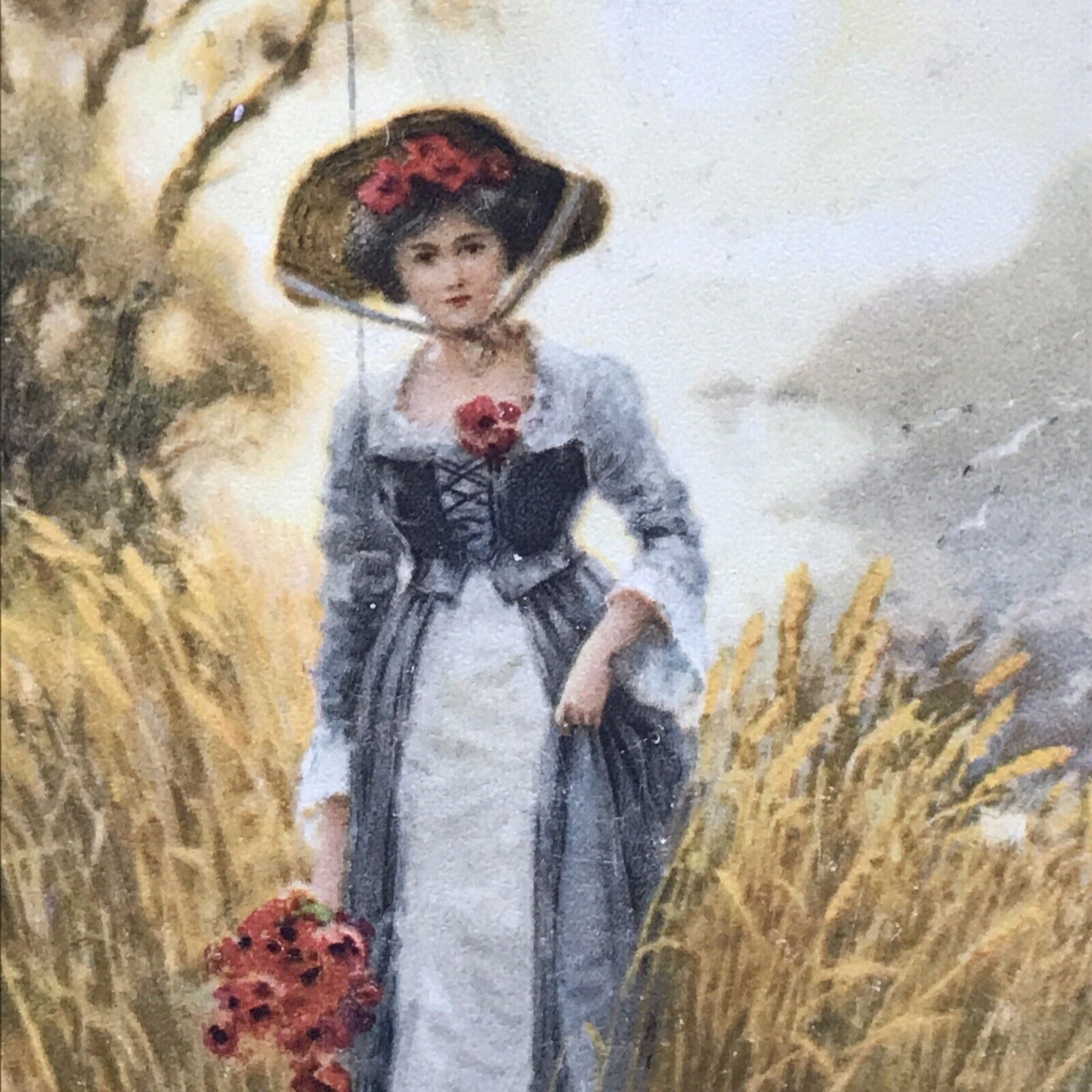 1917 Gorgeous Lady w/ Red Flowers in Victorian Dress Postcard France Postmark