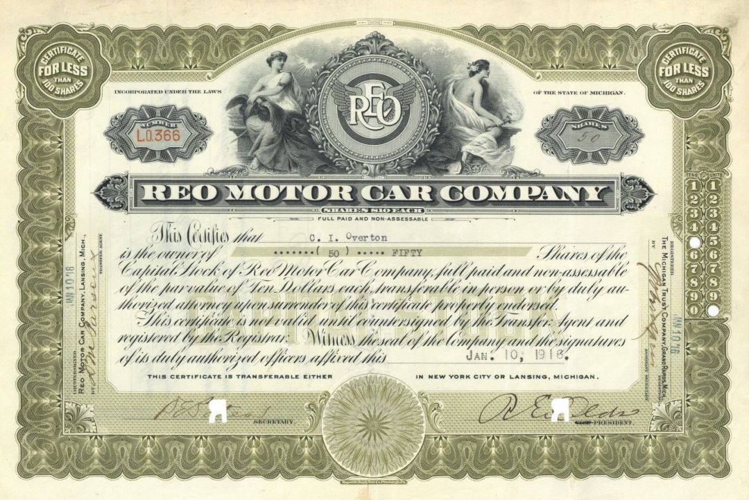 Ransom Eli Olds signed Reo Motor Car Stock Certificate - 1916 dated Autograph of