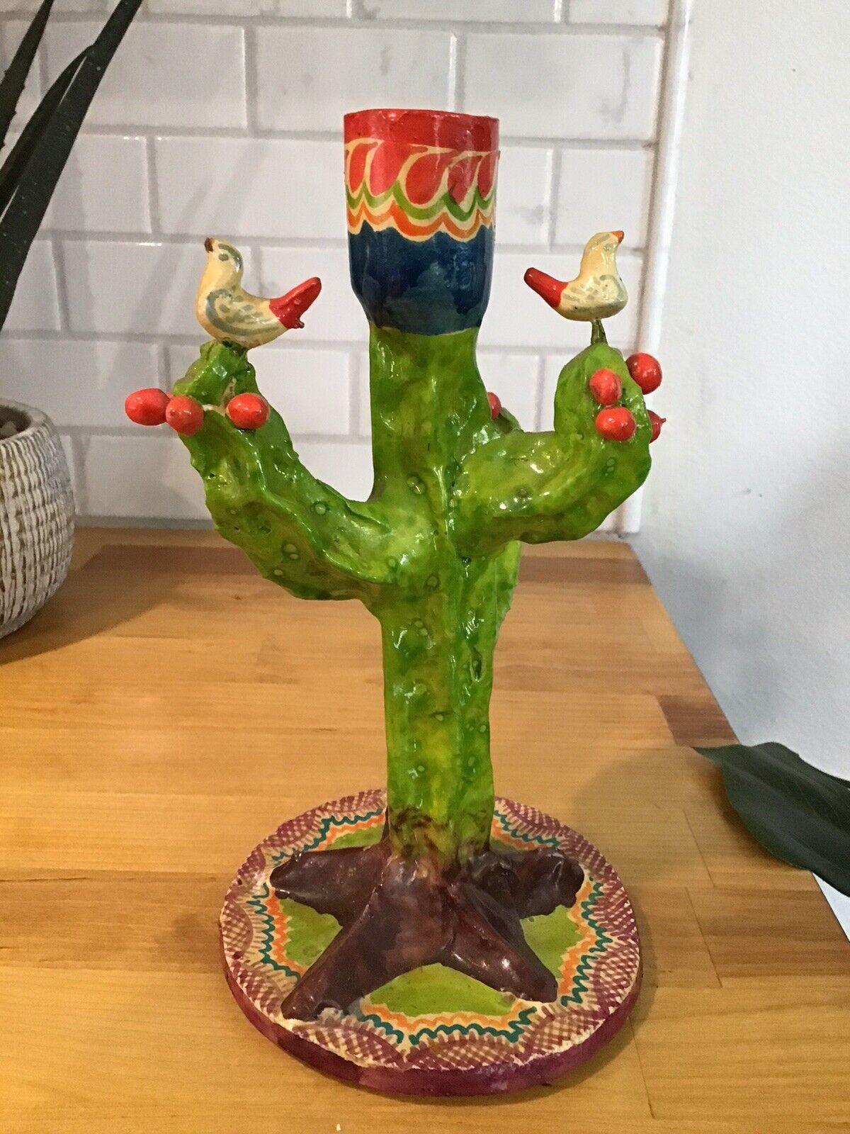 Tree Of Life Taper Candlestick  Folk Art Pottery Cactus Birds Mexican