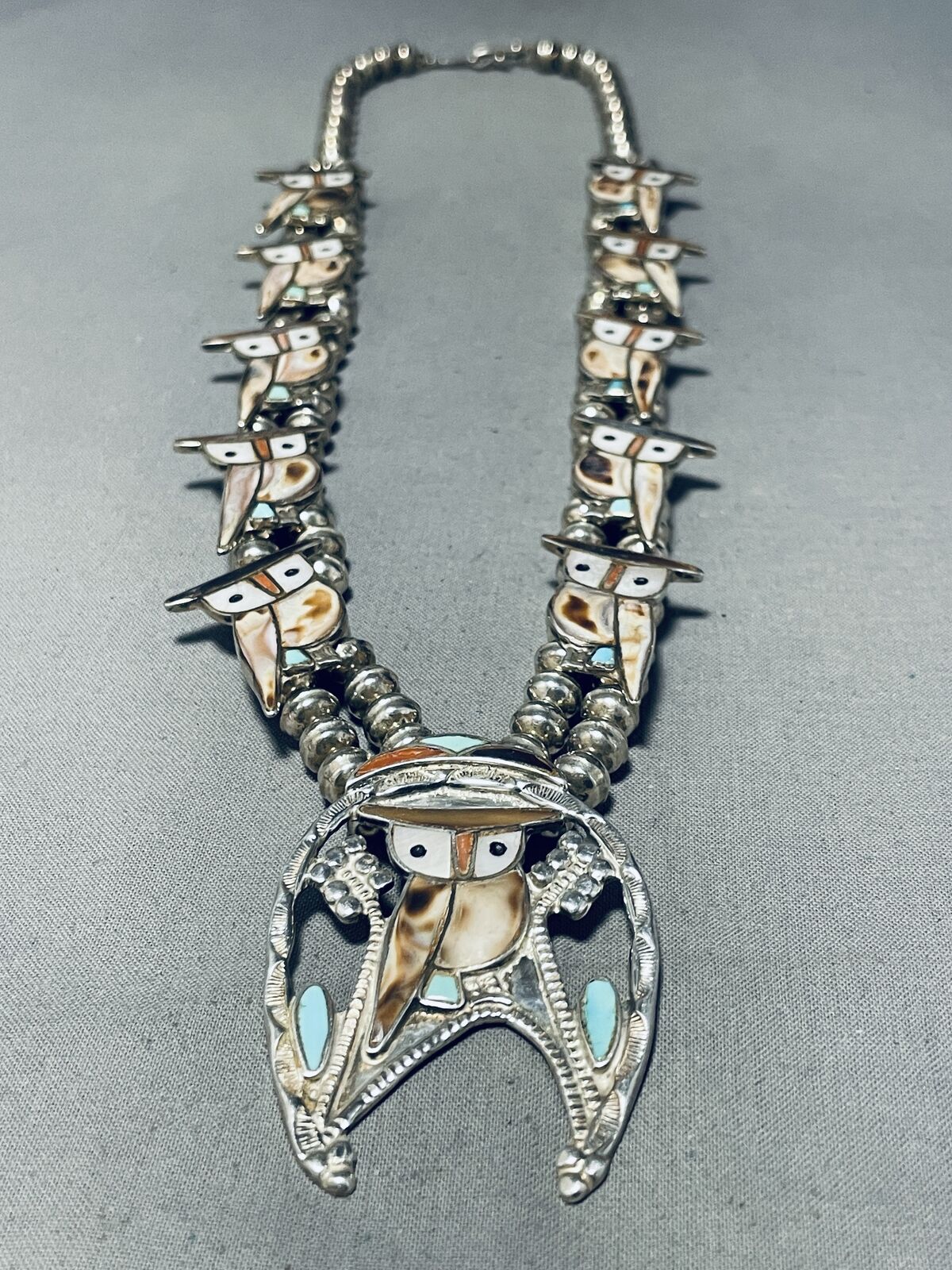 OWL VINTAGE ZUNI TURQUOISE STERLING SILVER SQUASH BLOSSOM NECKLACE