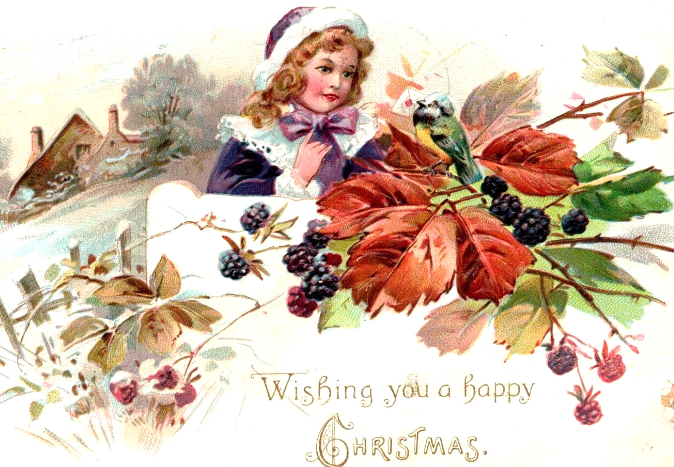 Raphael Tuck & Sons Christmas Postcard Antique Lovely Girl Berries Bird Snow