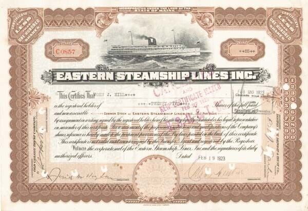 Eastern Steamship Lines Inc. - Stock Certificate - Shipping Stocks
