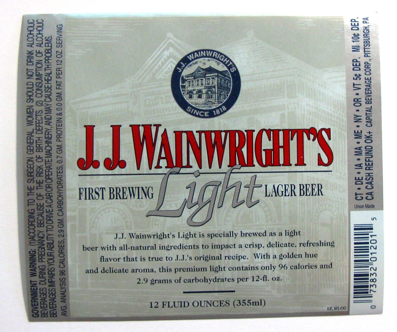 Capital Beverage Corp JJ WAINWRIGHTS  LIGHT beer label PA 12 oz